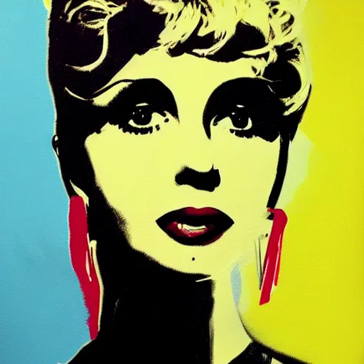 Prompt: olivia newton john from film grease artistic acrylic painting in the style of andy warhol