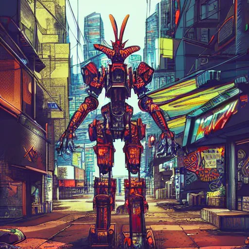 Image similar to hyper-detailed, intricate, full colour anime illustration of a mecha dinosaur standing at a ghetto street corner with graffiti in the background, night, city, dark, cyberpunk