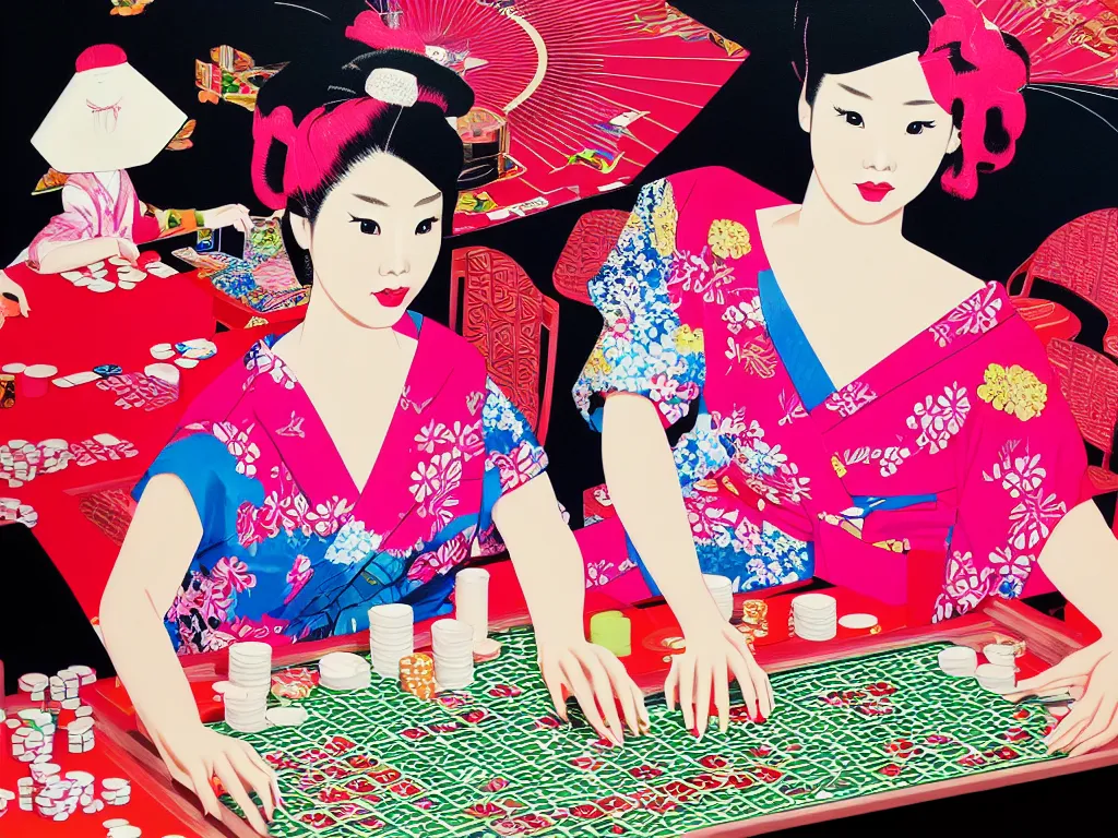 Image similar to hyperrealism composition of the detailed single woman in a japanese kimono sitting at an extremely detailed poker table with barbie, fireworks and folding screen on the background, pop - art style, jacky tsai style, andy warhol style, acrylic on canvas