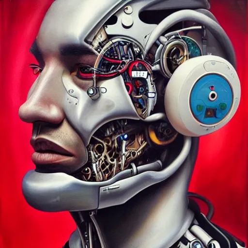 Image similar to a realistic oil painting of drake as a cybernetic cyborg, surrealism portrait, surrealism album cover