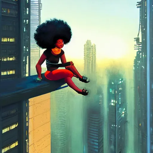 Prompt: a black girl with afro puffs sitting on top of a skyscraper in the cyberpunk city at sunset, by greg rutkowski and android jones, oil on canvas, vibrant color scheme 8k