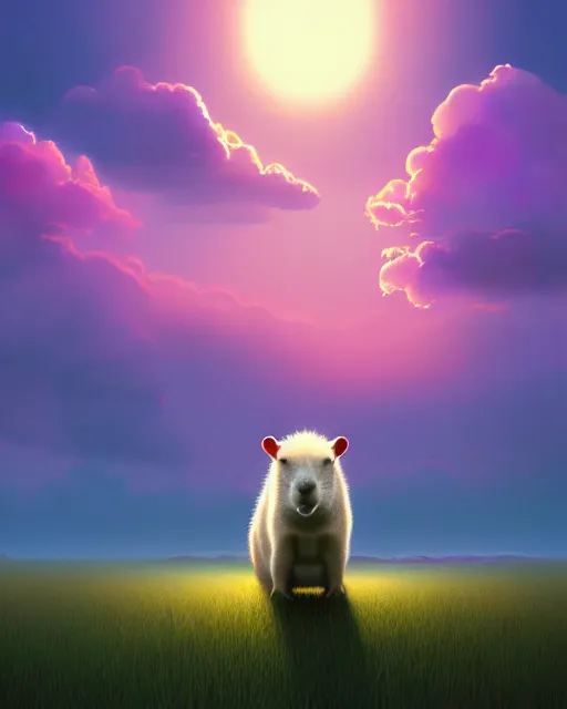 Image similar to white capybara in a non - euclidian space, surreal photography, sunrise dramatic light, impressionist painting, colorful clouds, digital painting, artstation, kilian eng, john harris, bastien lecouffe - deharme, simon stalenhag, flower face