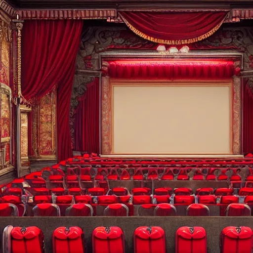Prompt: old cinema with red curtains and red seats, highly detailed, matte painting, concept art, trending on artstation, artstationHD, artstationHQ, 4k, 8k
