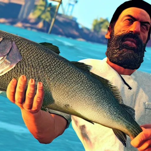 Image similar to 30-year old bearded fisherman caught fish, GTA V character, detailed, closeup