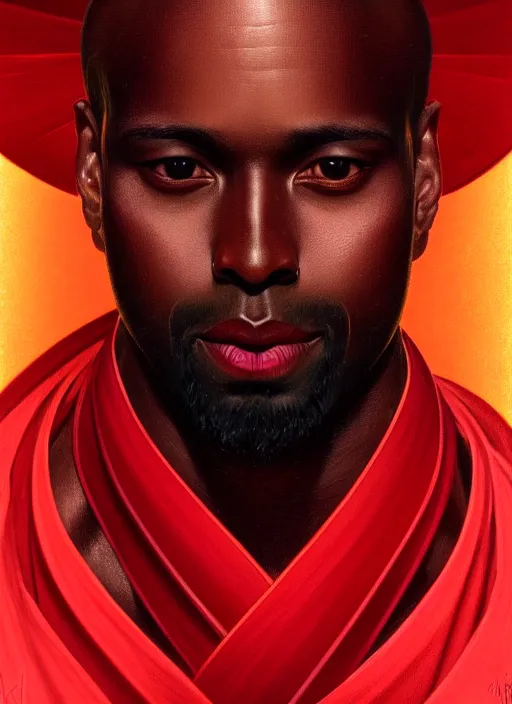 Image similar to symmetry!! portrait of a dark skinned, bald, terrence boyd as a jesus christ in a red kimono with an halo, face close - up, intricate, elegant, highly detailed, digital painting, artstation, concept art, smooth, sharp focus, illustration, art by artgerm and greg rutkowski and alphonse mucha