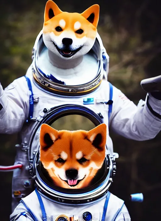 Image similar to a fantasy character with a cute shiba inu head and an astronaut body ， cinematic ， unreal 5 ， photography ， 5 5 mm ， aperture f 1. 4