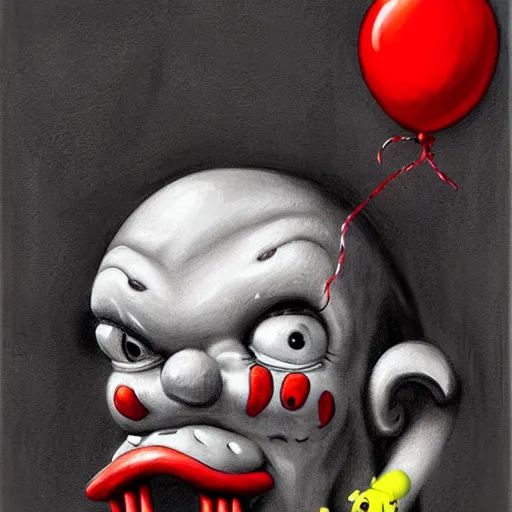 Image similar to surrealism grunge cartoon portrait sketch of spongebob with a wide smile and a red balloon by - michael karcz, loony toons style, pennywise style, horror theme, detailed, elegant, intricate