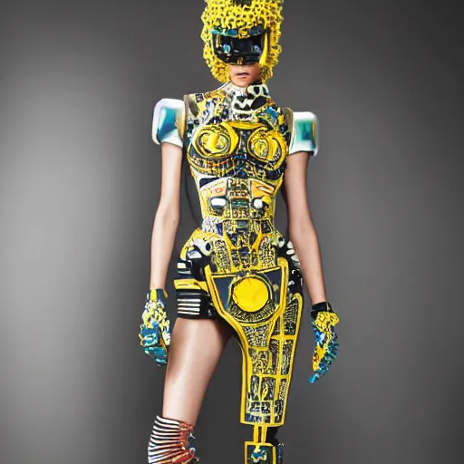 Prompt: A fashion model in Robotic dress, in year 3000, Versace editorial,highly detailed