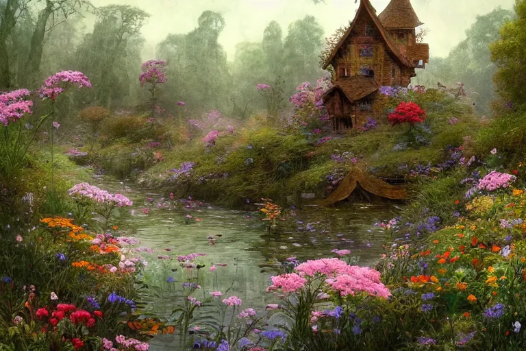 Image similar to wide angle view, a beautiful digital painting of a fairy rock house in a river, flowers, beautiful tranquil day, vivid colors, by greg rutkowski, brian froud, peter mohry, jean - baptiste monge, and alphonse mucha, symmetry, complementary colors, ink illustration, trending on artstation