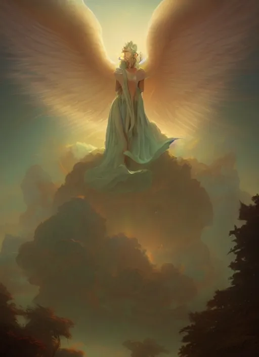 Prompt: matte painting, angel lit by heavenly lights, god rays, by peter mohrbacher, irisdecent, volumetric light, light fog