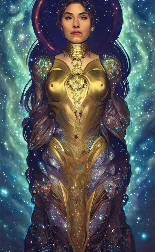 Image similar to portrait of a cosmic goddess, suit made out of stars and galaxies and cosmic energy, intricate, headshot, highly detailed, digital painting, artstation, concept art, sharp focus, cinematic lighting, illustration, art by artgerm and greg rutkowski, alphonse mucha, cgsociety