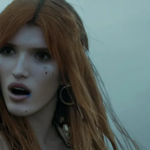 Image similar to bella thorne as the goddess of war in a battlefield, ground mist, cinematic