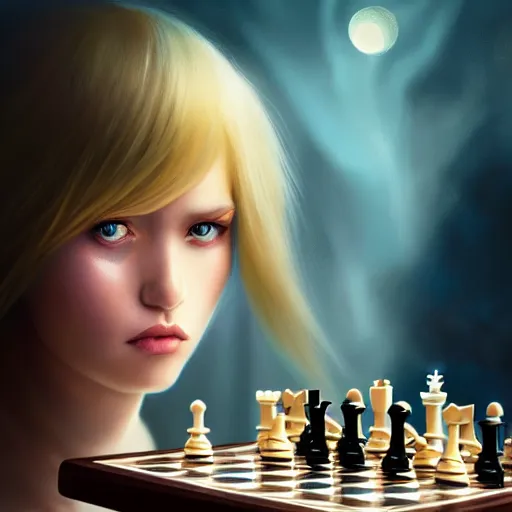 Prompt: beautiful young rimuru tempest playing chess, with amber eyes of golden colored eyes, straight hair, sky blue hair, long bangs, high collar, concept art, award winning photography, digital painting, cinematic, wlop, 8 k, by ross tran, tom bagshaw, andy warhol