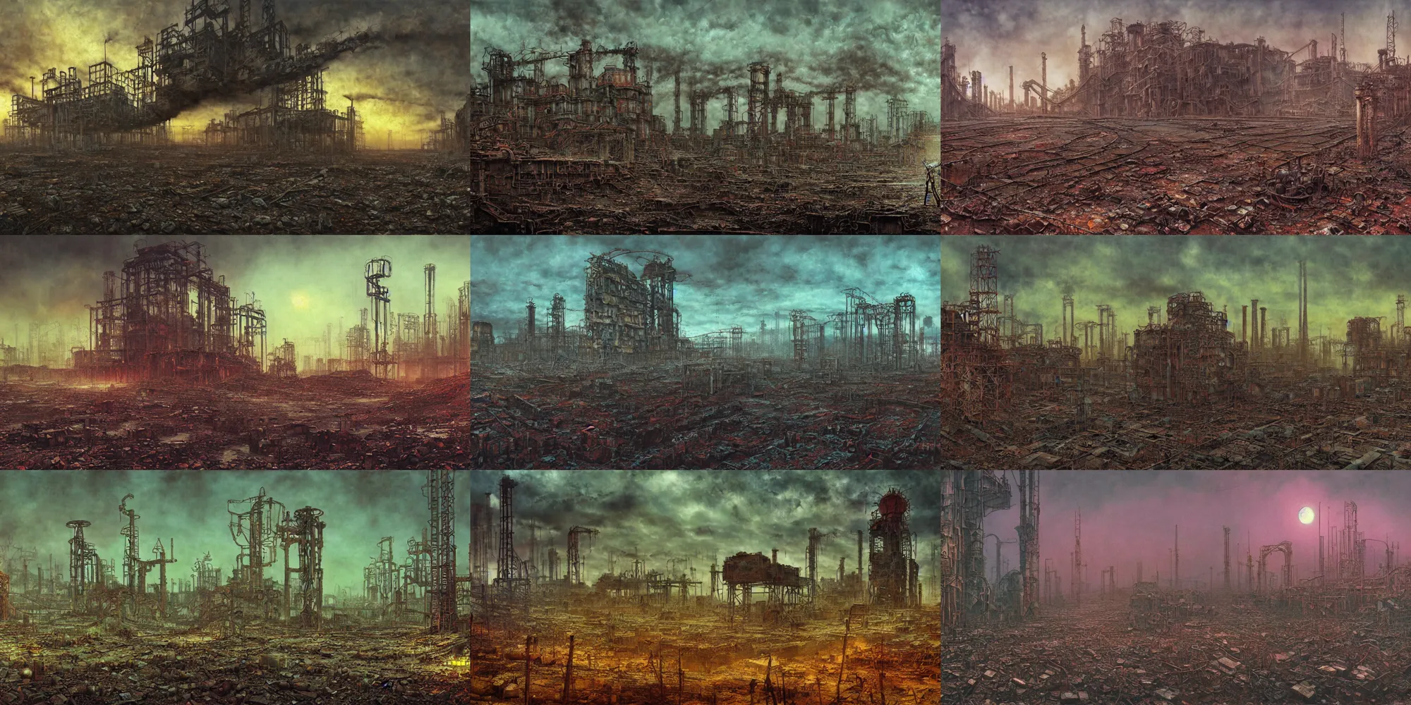 Prompt: industrial devastation, colorful steampunk ruins, abandoned factories oil field post - apocalyptic dusk irradiated contaminated stalker chernobyl, oil painting beksinski, sci - fi wallpaper digital art