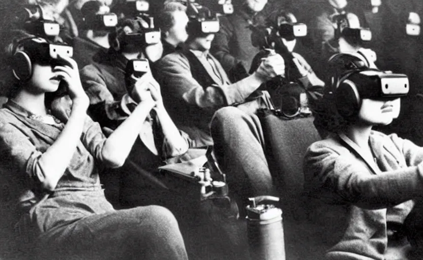 Image similar to 1 9 0 0 s photo of people using iphones ipods virtual reality headsets vr in a movie theater masterpiece