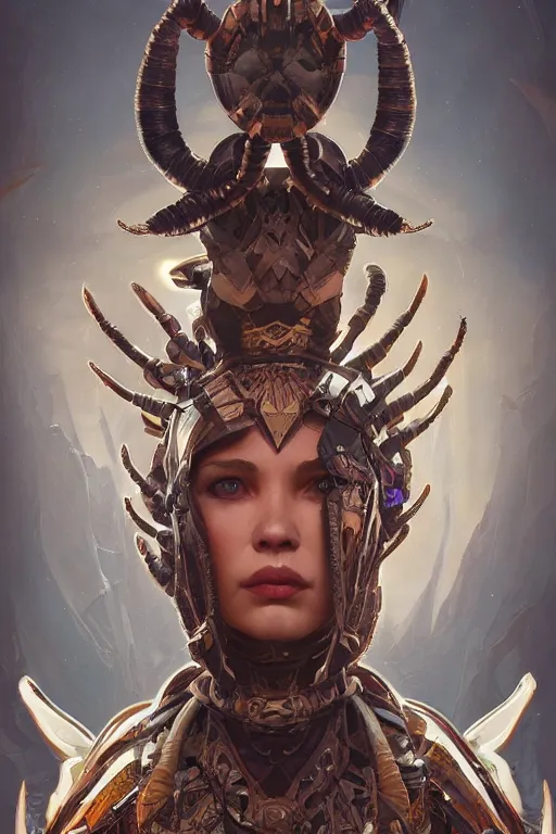 Image similar to symmetry!! portrait of scorpion queen in the style of horizon zero dawn, machine face, intricate, elegant, highly detailed, digital painting, artstation, concept art, smooth, sharp focus, illustration, art by artgerm and greg rutkowski and alphonse mucha, 8 k