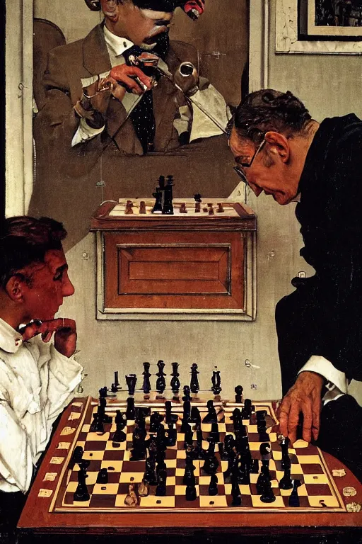 Image similar to franco battiato playing chess painted by norman rockwell