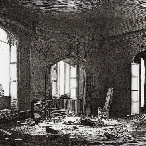 Image similar to living room of an abandonded house, illustration by Gustav Doré