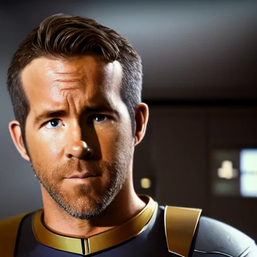 Image similar to Ryan Reynolds in Star Trek, highly detailed, high quality, HD, 4k, 8k, Canon 300mm, professional photographer, 40mp, lifelike, top-rated, award winning, realistic, sharp, no blur, edited, corrected, trending