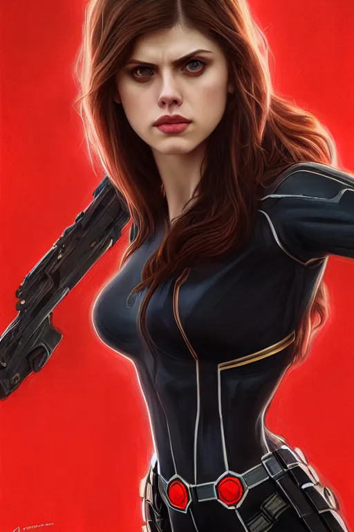 Image similar to alexandra daddario as black widow, realistic portrait, symmetrical, highly detailed, digital painting, artstation, concept art, smooth, sharp focus, illustration, cinematic lighting, art by artgerm and greg rutkowski and alphonse mucha