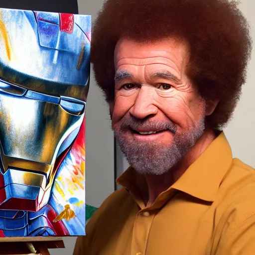 Image similar to a closeup photorealistic photograph of bob ross working on a canvas painting of iron man. film still. this 4 k hd image is trending on artstation, featured on behance, well - rendered, extra crisp, features intricate detail, epic composition and the style of unreal engine.