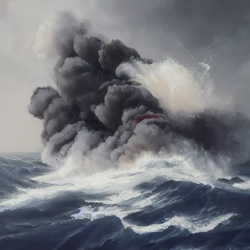 Prompt: A large oil tanker bursting into flames in grey rough seas in the atlantic, oil painting, grey clouds, dull colors, dark
