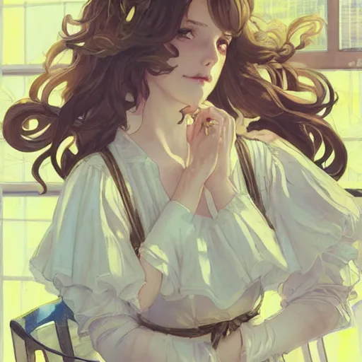 Prompt: A girl in a maid's outfit in a cafe a afternoon, wavy hair yellow theme,S line,45 angel by krenz cushart and mucha and greg rutkowski and anti - H764