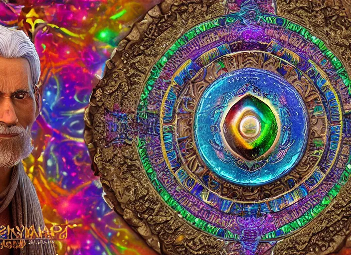 Prompt: hyperrealism, detailed textures, photorealistic 3 d render, a mystical wizard wearing a beautifully coloured tibetan kalachakra crystal mandala with sanskrit writing, sharp focus, ultra realistic, ultra high pixel detail, cinematic, intricate, cinematic light, concept art, illustration, art station, unreal engine 8 k