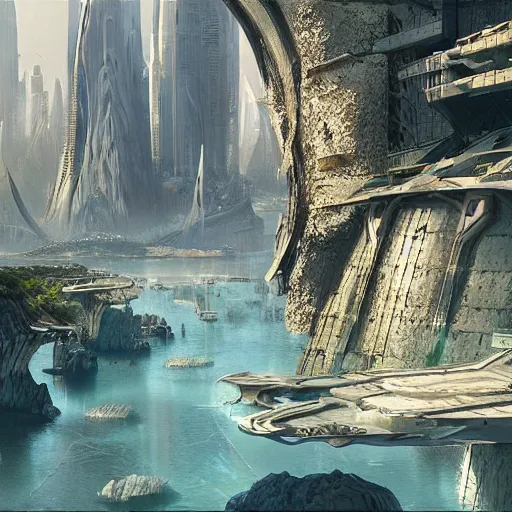 Image similar to a futuristic city surrounded by water and rocks, a detailed matte painting by Stephan Martinière, cgsociety, fantasy art, matte painting, unreal engine 5, unreal engine