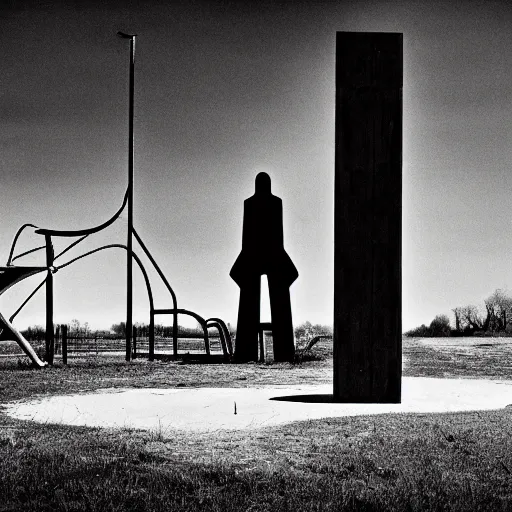 Image similar to an abandon playground with a tall dark figure standing infront of it, liminal, dark, highly detailed,