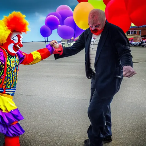 Image similar to a man slapping a clown after being insulted , XF IQ4, 150MP, 50mm, f/1.4, ISO 200, 1/160s, natural light, Adobe Photoshop, Adobe Lightroom, DxO Photolab, polarizing filter, Sense of Depth, AI enhanced, HDR