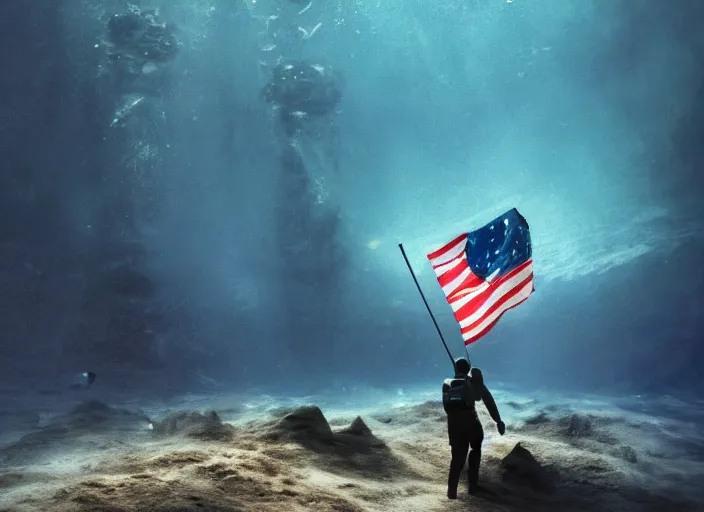 Image similar to astronaut underwater putting a flag in the sand of the bottom of the ocean. a submarine is visible in the distance. dark, concept art, cinematic, dramatic, atmospheric, 8 k, trending on artstation, low visibility, fog, ocean floor, christopher nolan, interstellar