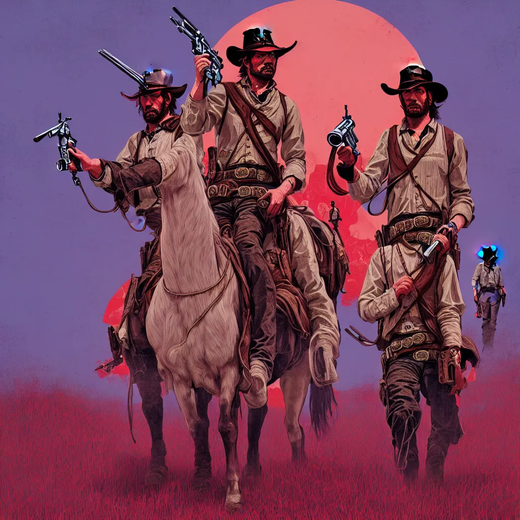 Prompt: red dead redemption art by james jean, photoillustration, mystical baroque, pastel synthwave