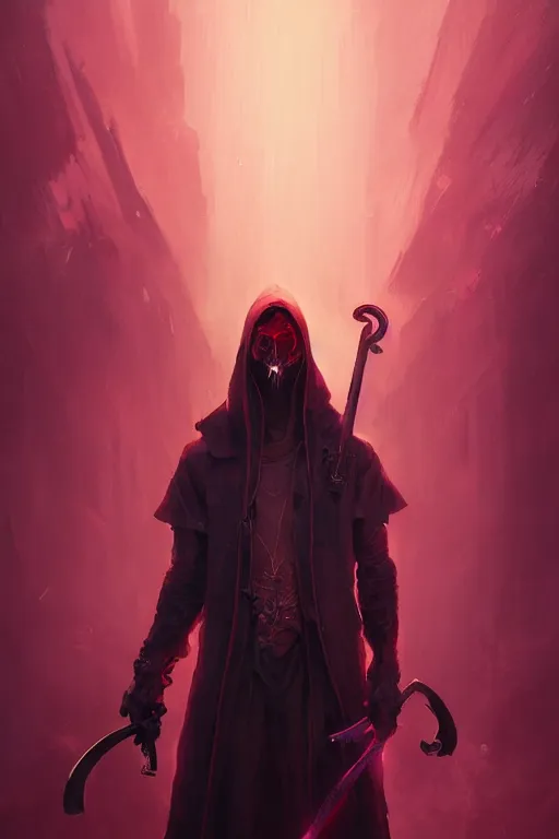 Image similar to portrait of a neon grim reaper wielding a scythe, visible aura of madness distorting the surroundings, occult details, greg rutkowski style, high quality, 8 k,