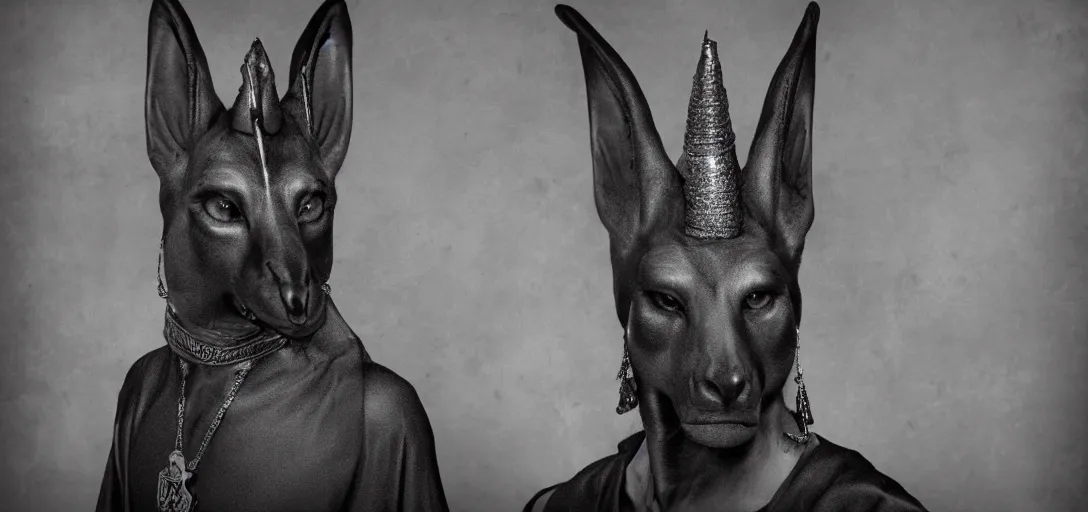 Image similar to displeased Anubis wearing a gilded robe, in the style of Lee Jeffries 8k