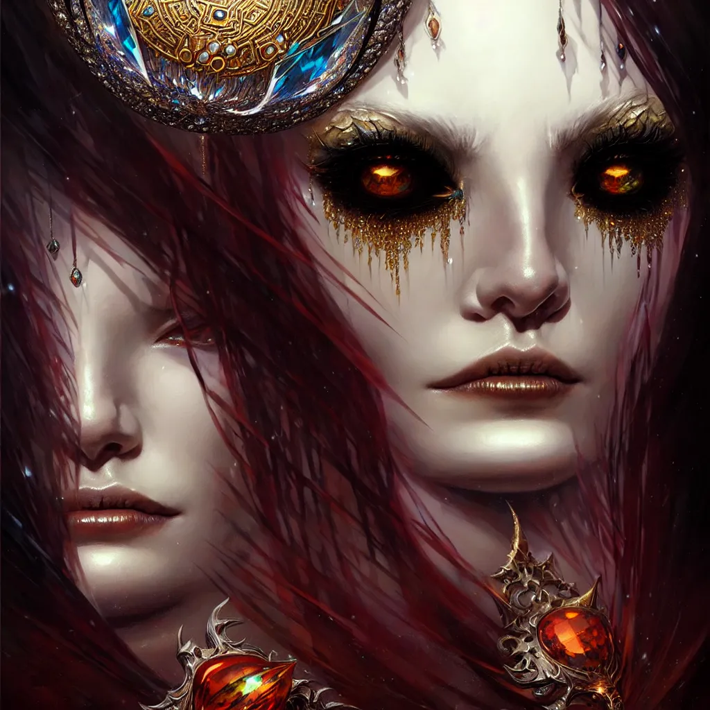 Image similar to A portrait of a jewels-crowned sorceress with vertically slit cornea eyes, by Karol Bak and Jia Ruan, artstation, very detailed, fantasy art, rpg