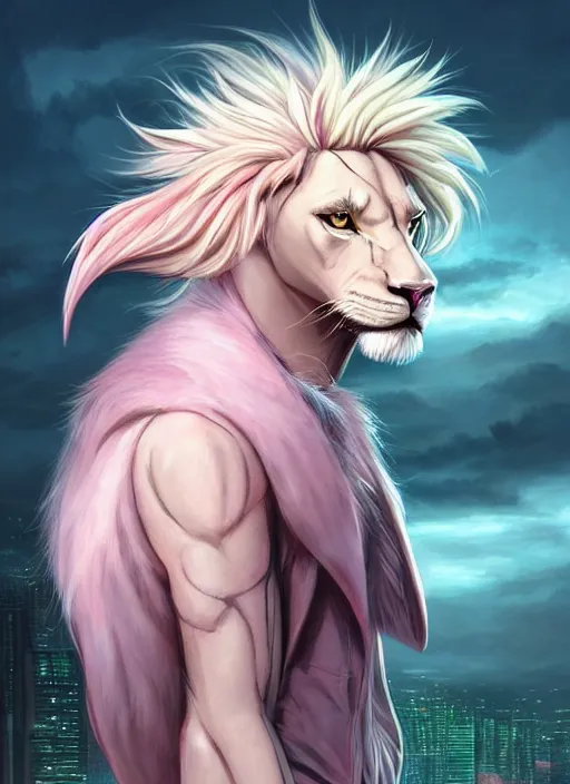 Image similar to aesthetic portrait commission of a of a male fully furry muscular anthro albino lion with a tail and a beautiful attractive hyperdetailed face wearing stylish and creative unkempt black and pink wired clothes in a sci-fi dystopian city at golden hour while it storms in the background. Character design by charlie bowater, ross tran, artgerm, and makoto shinkai, detailed, inked, western comic book art, 2021 award winning painting