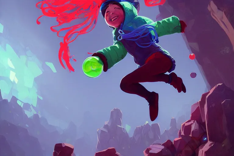 Image similar to madeline from celeste jumping to a green jelly bubble, ( ( ( blue bubble jacket ) ) ) ( ( ( red long hair ) ) ), highly detailed, digital painting, artstation, concept art, sharp focus, illustration, art by greg rutkowski and alphonse mucha