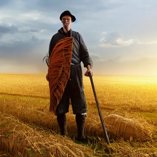 Image similar to full body, concept art, man with scythe, mowing of the hay, traditional hungarian clothing, dramatic lighting, beautiful, volumetric lighting, colorful, octane render