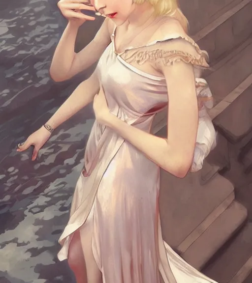 Image similar to Blonde girl in the roaring twenties wearing a dress, digital painting, smooth, elegant, hd, art by WLOP and Artgerm and Greg Rutkowski and Alphonse Mucha