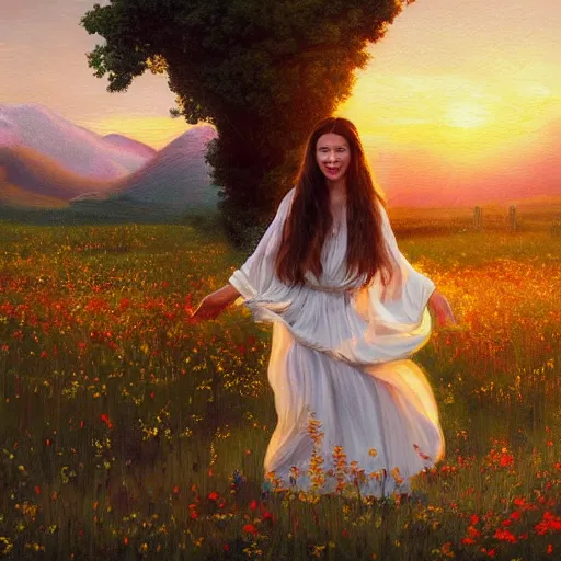 Prompt: oil painting portrait of a family one with long flowing hair in a white dress, dancing through a field of flowers at sunset with mountains in the background, hazy, chiaroscuro, artstation, cinematic, golden hour, digital art painting by diego velasquez and michelangelo hazy atmosphere, flowers, cinematic lighting