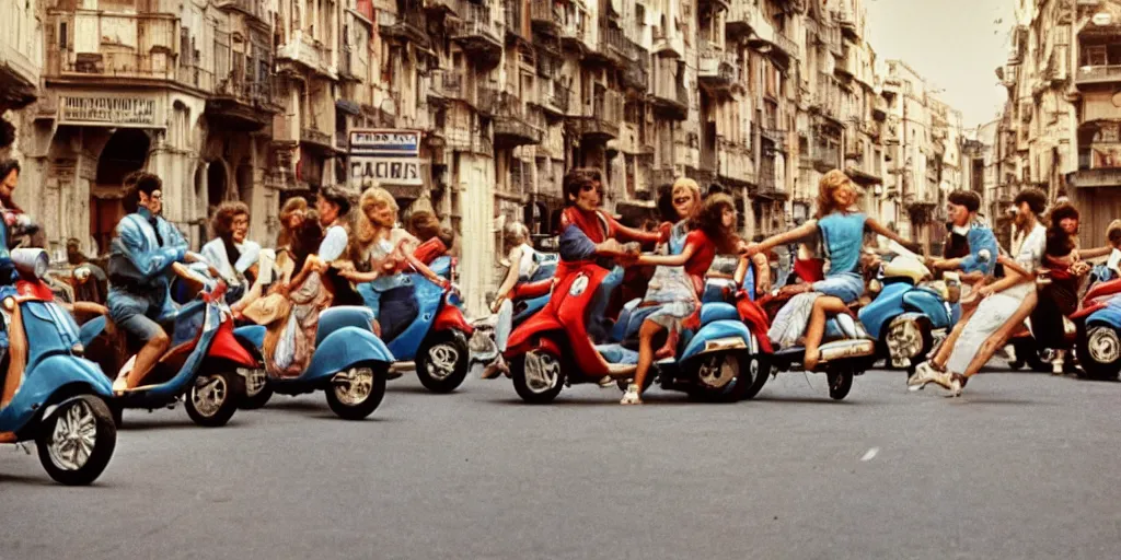 Image similar to movie in the 7 0 s, grease, disco, vespa motorcicles, fiat uno, in the city of genova still image. cinematic. color grading.