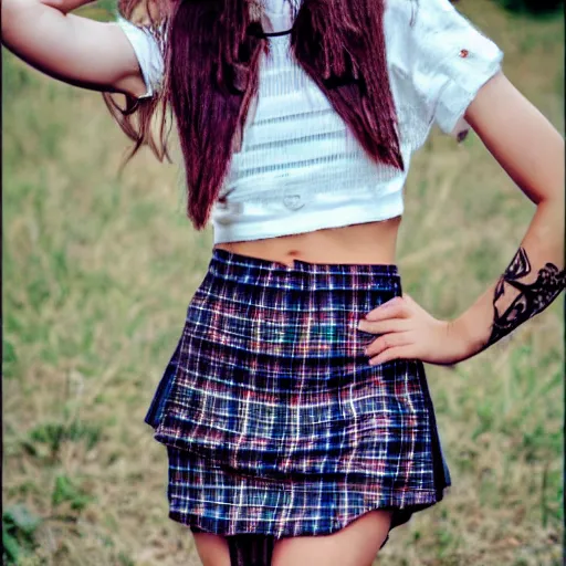 Image similar to gothic teen girl in plaid mini skirt and crop top, intricate, extremely detailed, modeling photography, 8 0 mm camera