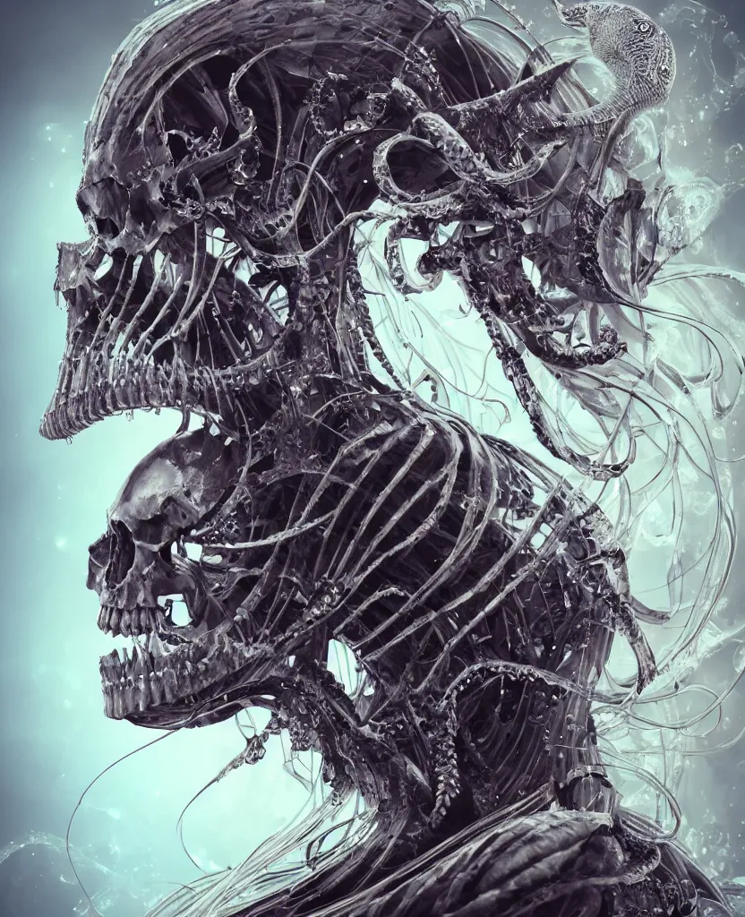 Image similar to close-up macro portrait of the face of a beautiful princess with animal skull mask, epic angle and pose ribcage skeleton, symmetrical artwork, 3d with depth of field, blurred background, cybernetic jellyfish female face skull phoenix bird, translucent, nautilus, energy flows of water and fire. a highly detailed epic cinematic concept art CG render. made in Maya, Blender and Photoshop, octane render, excellent composition, cinematic dystopian brutalist atmosphere, dynamic dramatic cinematic lighting, aesthetic, very inspirational, arthouse. y Greg Rutkowski, Ilya Kuvshinov, WLOP, Stanley Artgerm Lau, Ruan Jia and Fenghua Zhong