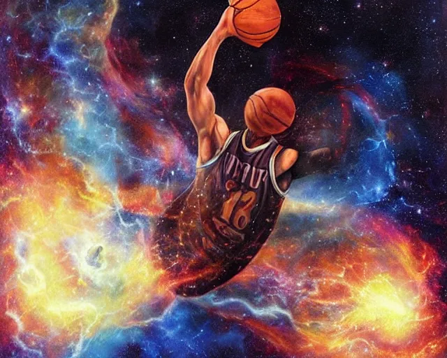 Image similar to cosmic basketball player dunking a basketball hoop in a nebula, an oil painting, by ( leonardo da vinci ) and greg rutkowski and rafal olbinski and ross tran, award - winning magazine cover