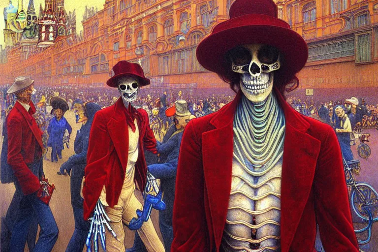 Image similar to realistic detailed closeup portrait painting of a single skeleton wearing red velvet blazer in a crowded futuristic moscow street by Jean Delville, Amano, Yves Tanguy, Alphonse Mucha, Ernst Haeckel, Edward Robert Hughes, Roger Dean, rich moody colours, blue eyes