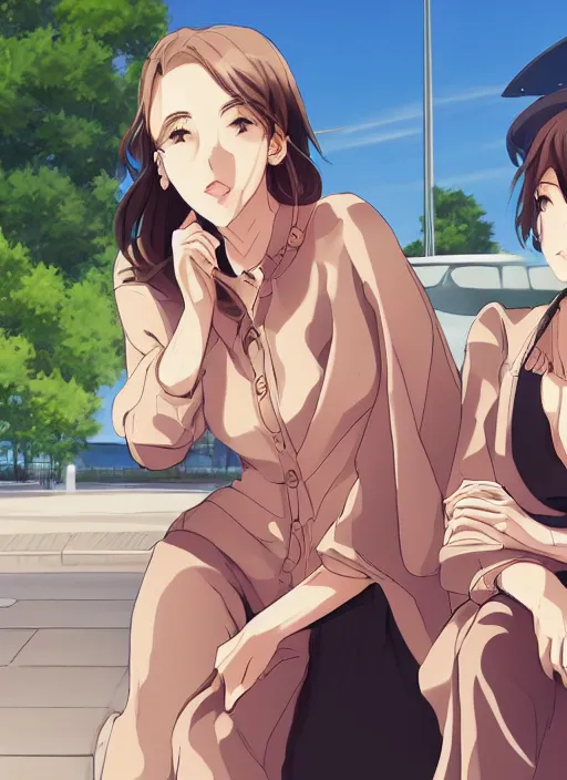 Prompt: two beautiful mature women waiting at a bus stop, summer clothes, gorgeous faces, thick lines, cinematic lighting, detailed anime art