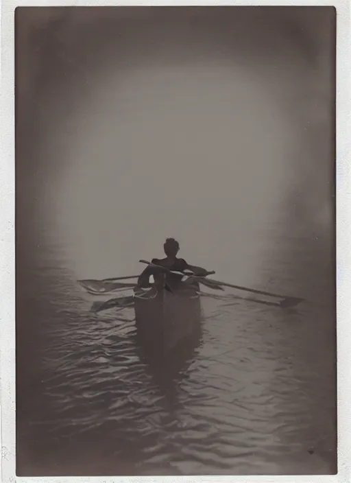 Image similar to a man rowing a rowboat, flash polaroid photo by george hurrell, hazy light rays