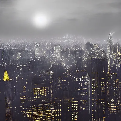 Prompt: bat signal over the Gotham city skyline