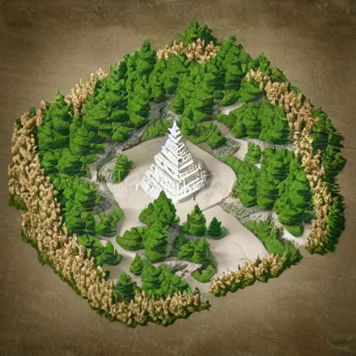 Image similar to isometric DND fantasy forest, war fort, 3d render, fantasy city, surrounded by white